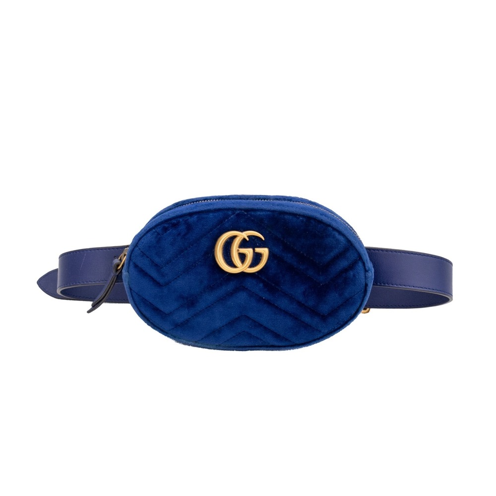 GUCCI GG MARMONT MATELASSE QUILTED BLUE VELVET BELT BAG W LEATHER BELT 85/34 NWT